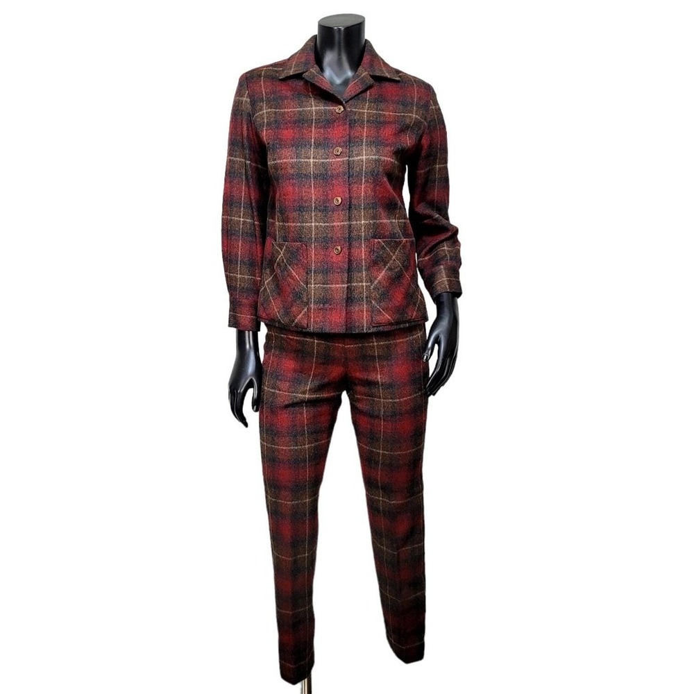Vintage Red Plaid Wool Blend Pant Suit Jacket & Trousers Set Dark Academia Mod